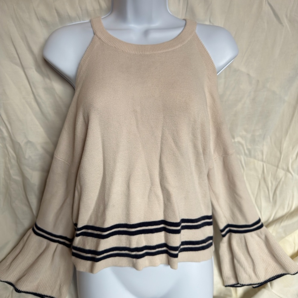 Chic Off-the-Shoulder Cream Sweater with Navy Stripes